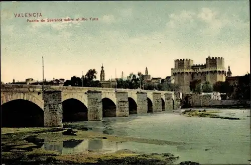 Ak Valencia Stadt Spanien, Puente de Serranos sobre el Rio Turia