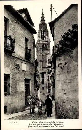 Ak Toledo Kastilien La Mancha Spanien, Straßenpartie mit Kathedrale, Mann mit zwei Eseln