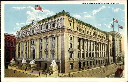 Ak New York City, US Custom House, general view, front, statues