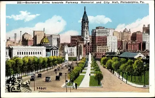 Ak Philadelphia Pennsylvania USA, Boulevard Drive towards Parkway Memorial and City Hall