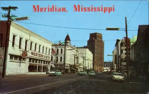 Ak Meridian Mississippi USA, Blick auf Downtown, Three Foot Building