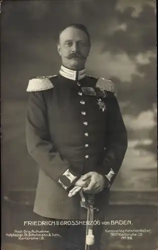 Ak Großherzog Friedrich II. von Baden in Uniform, Säbel, Orden, Epauletten