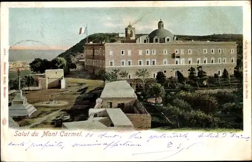 Ak Israel, Mount Carmel, Gebäude und Denkmal auf dem Berggipfel