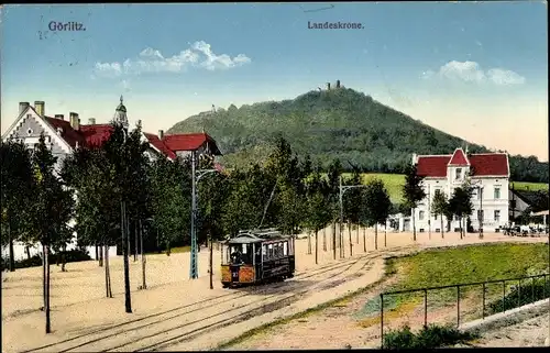 Ak Görlitz in der Lausitz, Landeskrone, Straßenbahn, Villen
