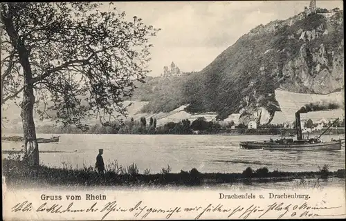 Ak Königswinter am Rhein, Drachenfels, Drachenburg, Rheinpartie, Dampfer