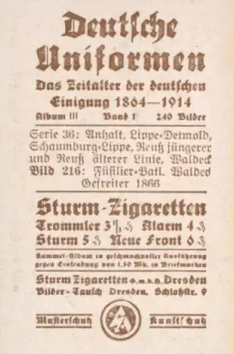 Sammelbild Deutsche Uniformen, 1864 - 1914, Serie 36 Bild 216, Füssilier Batl. Waldeck 1866