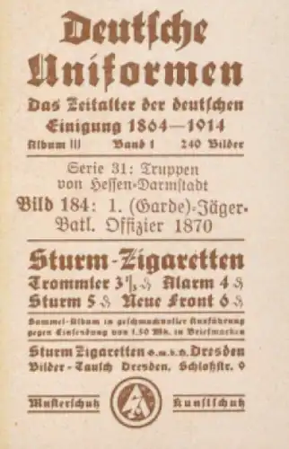 Sammelbild Deutsche Uniformen, 1864 - 1914, Serie 31 Bild 184, 1. Jäger Batl. 1870 Hess. Darmstadt