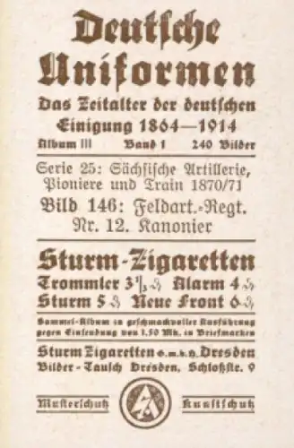 Sammelbild Deutsche Uniformen, 1864 - 1914, Serie 25 Bild 146, Sächs. Feldart. Regt. Nr. 12