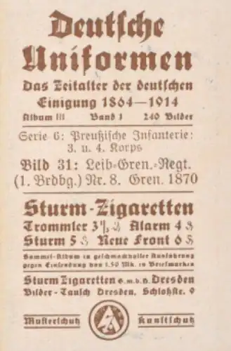 Sammelbild Deutsche Uniformen, 1864 - 1914, Serie 6 Bild 31, Preuß. Leib Gren. Rgt. 8, 1870