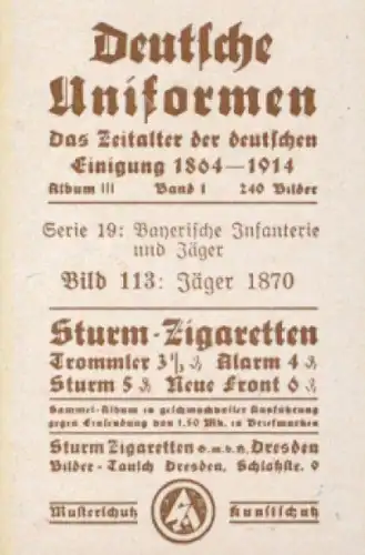 Sammelbild Deutsche Uniformen,1864 - 1914, Serie 19 Bild 113, Bayr. Jäger 1870