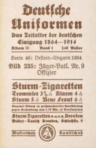 Sammelbild Deutsche Uniformen, 1864 - 1914, Serie 40 Bild 235, KuK Jäger Batl. 9, 1864