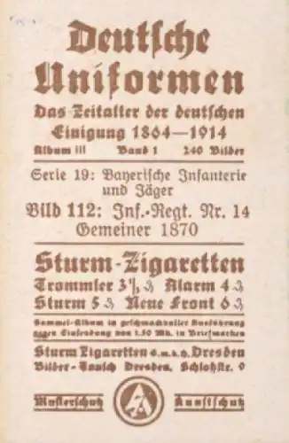 Sammelbild Deutsche Uniformen, 1864 - 1914, Serie 19 Bild 112, Inf. Rgt. Nr. 14, Bayern 1870