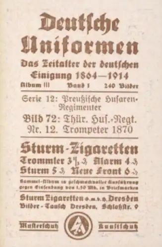 Sammelbild Deutsche Uniformen, 1864 - 1914, Serie 12 Bild 72, Thür. Hus. Rgt. Nr. 12, 1870