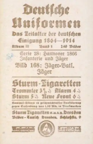 Sammelbild Deutsche Uniformen, 1864 - 1914, Serie 28 Bild 168, Jäger Batl., Hannover 1866