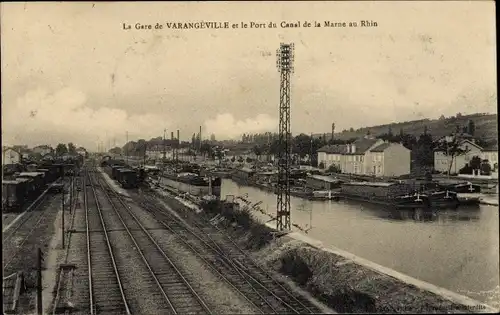 Ak Varangeville Meurthe et Moselle, La Gare et le Port du Canal de la Marne au Rhin