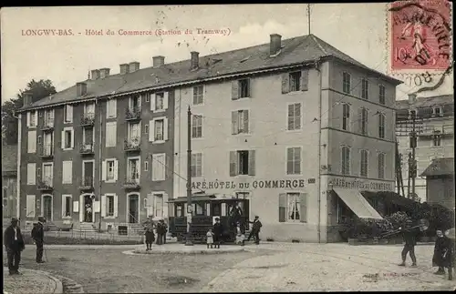 Ak Longwy Bas Meurthe et Moselle, Hotel du Commerce, Tramway