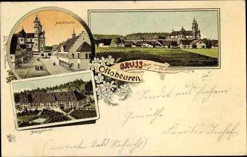 Litho Ottobeuren in Oberschwaben Allgäu, Gesamtansicht, Marktplatz, Amtsgebäude