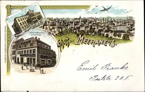 Litho Meerane in Sachsen, Gesamtansicht, Bürgerschule, Warenhaus Adolf Popper