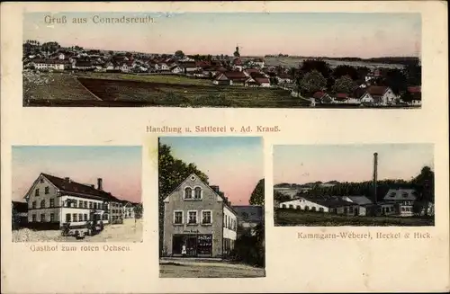 Ak Conradsreuth Konradsreuth in Oberfranken, Gasthof zum roten Ochsen, Sattlerei, Kammgarn Weberei