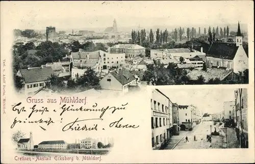 Ak Mühldorf am Inn Oberbayern, Gesamtansicht, Cretinenanstalt Ecksberg, Straßenpartie