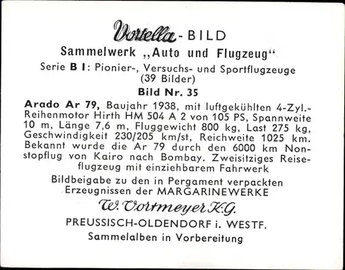 Sammelbild Pionier-, Versuchs- und Sportflugzeuge Nr. 35, Arado Ar 79, Baujahr 1938