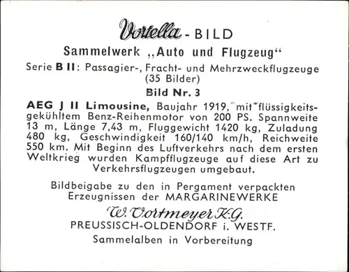 Sammelbild Pionier-, Versuchs- und Sportflugzeuge Nr. 3, AEG J II Limousine, Baujahr 1919