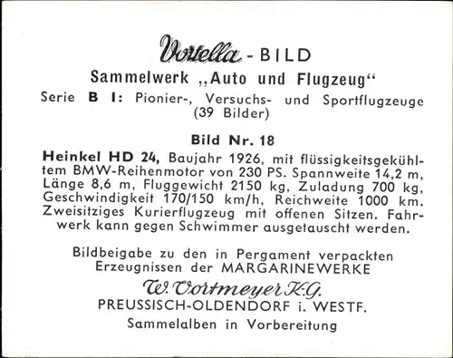 Sammelbild Pionier-, Versuchs- und Sportflugzeuge Nr. 18, Heinkel HD 24, Baujahr 1926