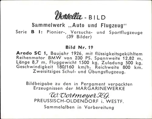 Sammelbild Pionier-, Versuchs- und Sportflugzeuge Nr. 19, Arado SC 1, Baujahr 1926