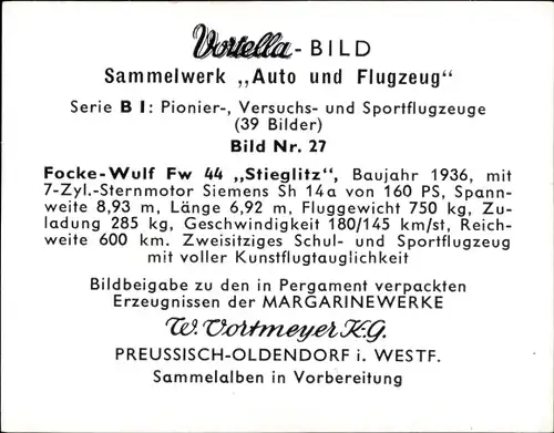 Sammelbild Pionier-, Versuchs- und Sportflugzeuge Nr. 27, Focke-Wulf Fw 44 Stieglitz, Baujahr 1936