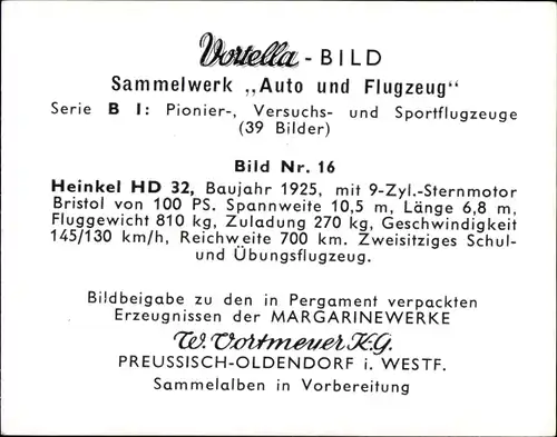 Sammelbild Pionier-, Versuchs- und Sportflugzeuge Nr. 16, Heinkel HD 32, Baujahr 1925