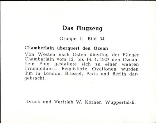 Sammelbild Das Flugzeug Gruppe II Bild 34, Chamberlain überquert den Ozean