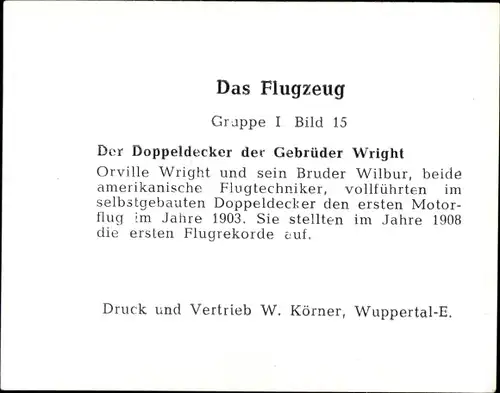 Sammelbild Das Flugzeug Gruppe I Bild 15, Der Doppeldecker der Gebrüder Wright