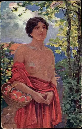 Künstler Ak Holoubek, Frau mit entblößter Brust, Obst im Korb