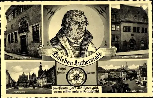 Ak Lutherstadt Eisleben, Luthers Geburtshaus, Sterbehaus, Marktplatz, Portrait, Wappen