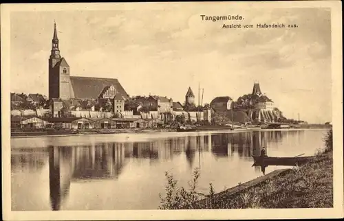 Ak Tangermünde in Sachsen Anhalt, Ansicht vom Hafendeich aus, Kirche