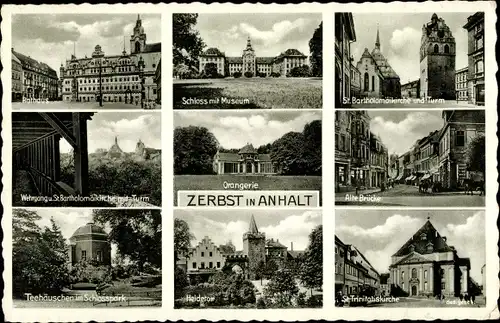 Ak Zerbst in Anhalt, Rathaus, Schloss mit Museum, Orangerie, St. Bartholomäikirche, Turm, Wehrgang