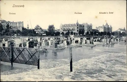 Ak Ostseebad Zinnowitz auf Usedom, Fortuna, Kurhaus, Schwabe's Hotel, Strandkörbe