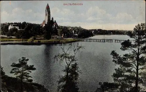 Ak Saltsjöbaden Schweden, Blick zum Turm über das Wasser