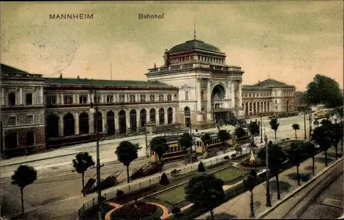 Ak Mannheim in Baden, Bahnhof, Straßenbahn