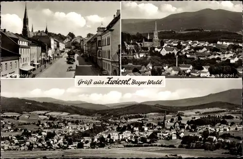 Ak Zwiesel im Bayerischen Wald, Blick zum Rachel, Stadtplatz