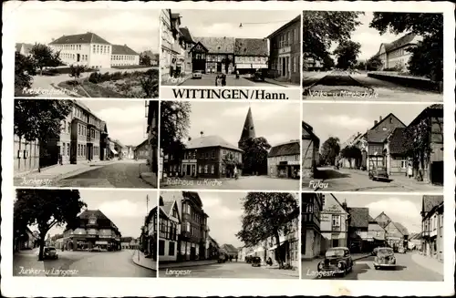 Ak Wittingen in Niedersachsen, Langestr., Volks- und Mittelschule, Markt, Rathaus und Kirche