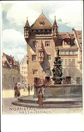Künstler Ak Nürnberg, Nassauer Haus mit Springbrunnen