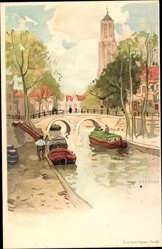 Künstler Litho Cassiers, H., Utrecht Niederlande, Kanalspartie, Ortsansicht