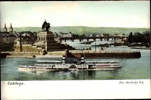 Ak Koblenz am Rhein, Das deutsche Eck, Kaiser Wilhelm Denkmal, Salondampfer