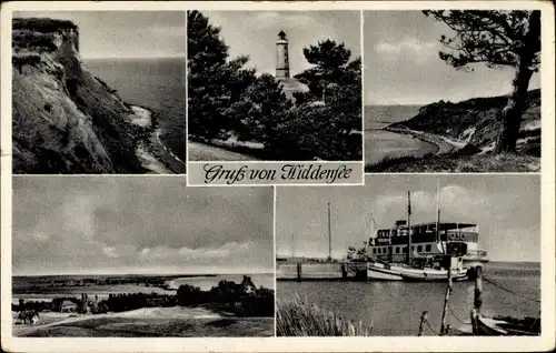 Ak Insel Hiddensee in der Ostsee, Leuchtturm, Schiff, Uferpartie