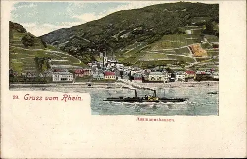 Ak Assmannshausen Rüdesheim am Rhein, Dampfer, Panorama