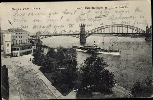 Ak Bonn am Rhein, Rheinanlagen mit Rheinbrücke, Dampfer