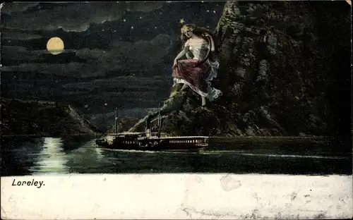 Mondschein Litho St. Goarshausen am Rhein, Loreley