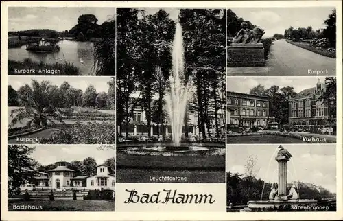 Ak Hamm in Westfalen, Kurhaus, Badehaus, Leuchtfontäne, Bärenbrunnen