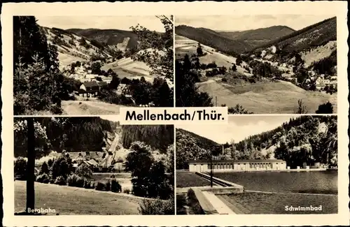 Ak Mellenbach Glasbach im Schwarzatal Thüringen, Bergbahn, Schwimmbad, Panorama